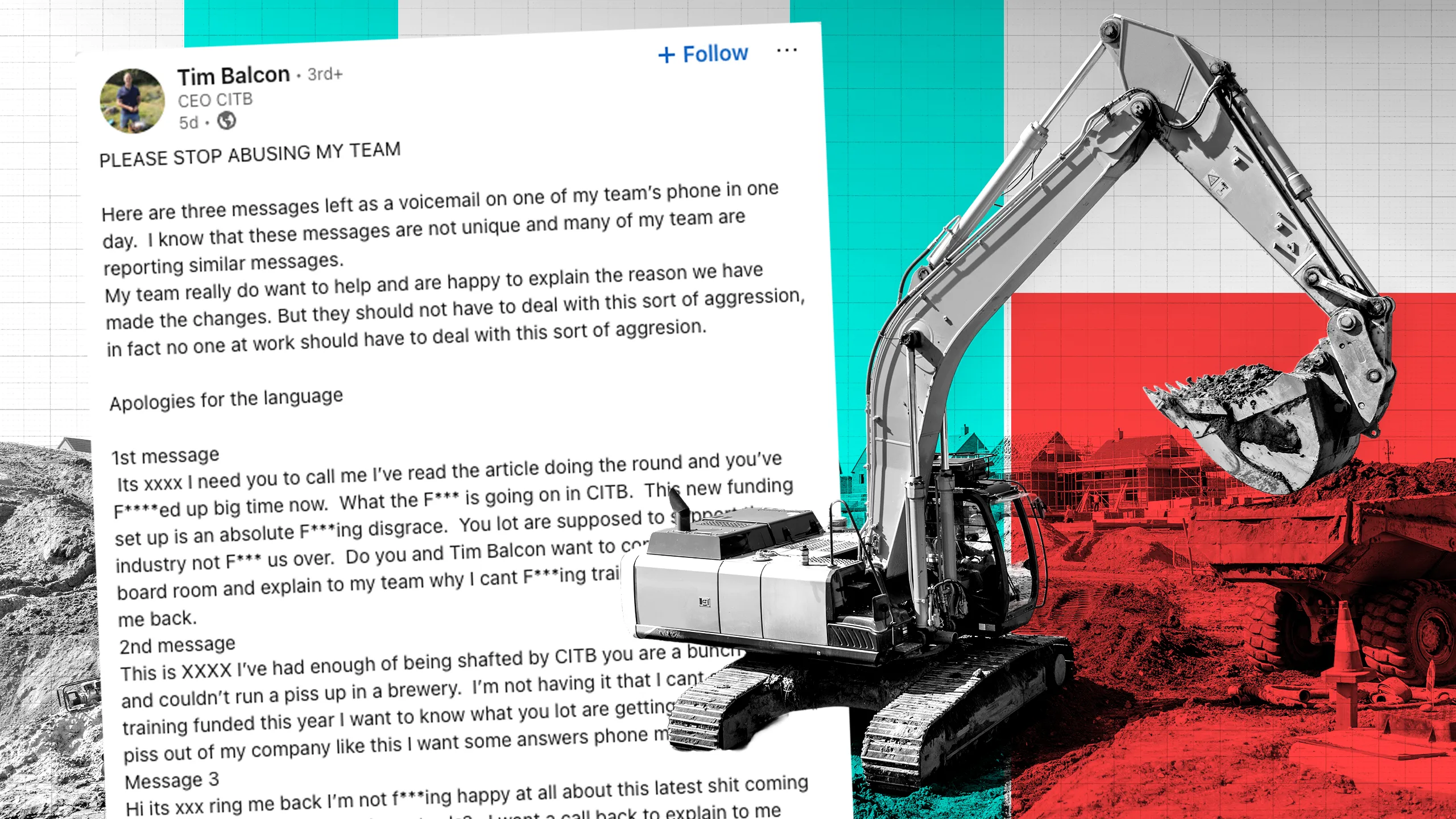 Tim Balcon LinkedIn post and a digger