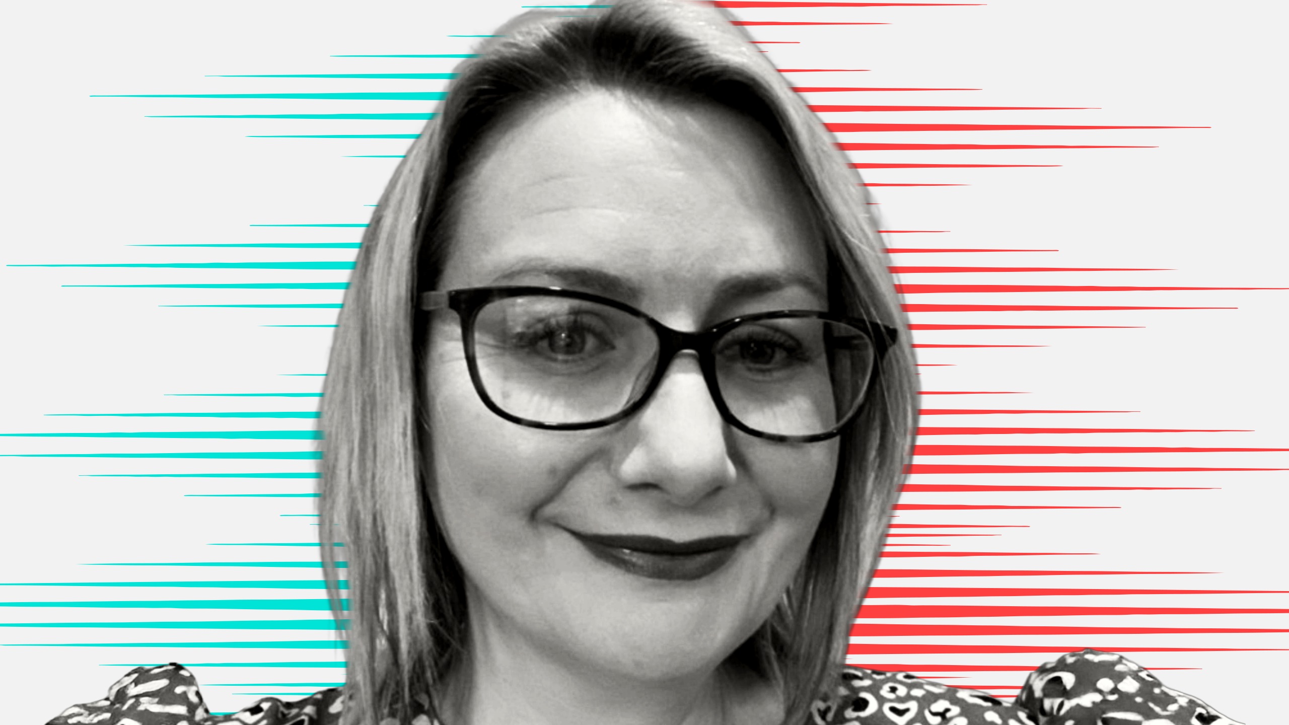 Black and white cut out head and shoulders portrait of Tamsin Baxter on People Moves-style blue and red stripy background